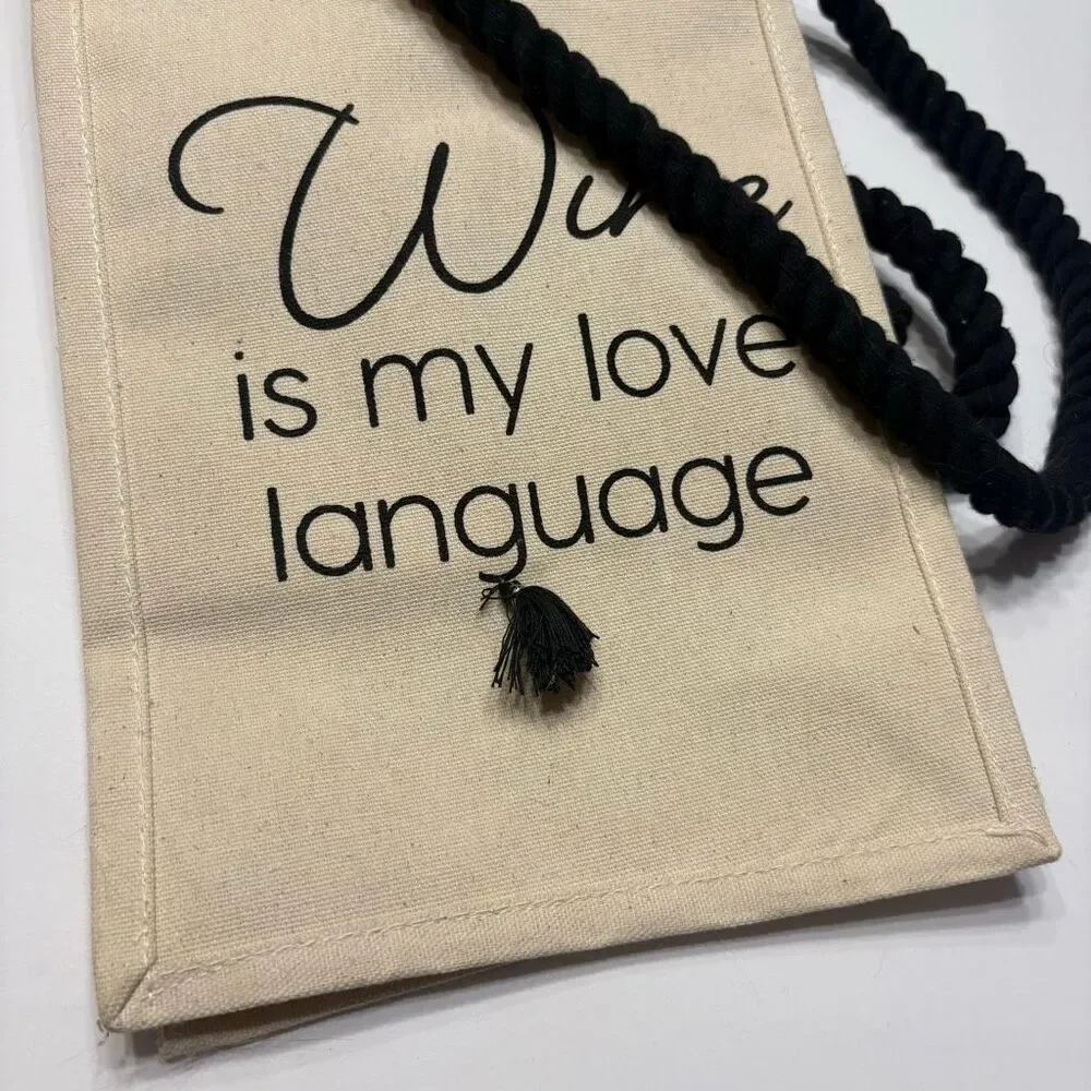 Cocopop Wine is My Love Language Canvas Wine Bag with Tassel and Rope Handles